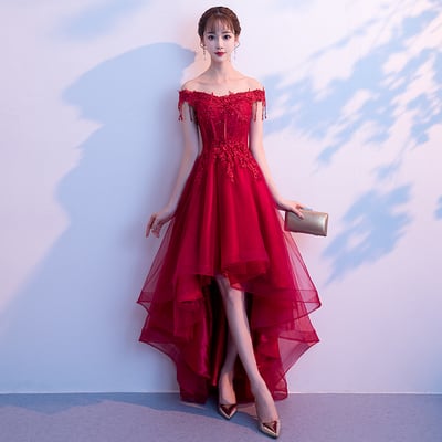 Burgundy high low lace prom dress evening dress - Thumbnail 5