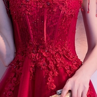 Burgundy high low lace prom dress evening dress - Thumbnail 5