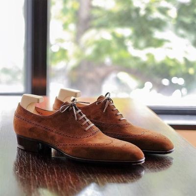 Mens wingtip brown suede handmade leather formal wear lace up shoes