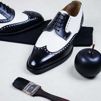 Black white leather oxfords wingtip bespoke handmade lace up shoes for men