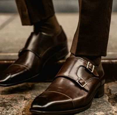 Dark Brown Leather Suede Double Monk Strap Decent Formal Mens Wear Shoes