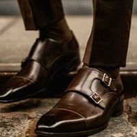 Dark Brown Leather Suede Double Monk Strap Decent Formal Mens Wear Shoes - Thumbnail 1