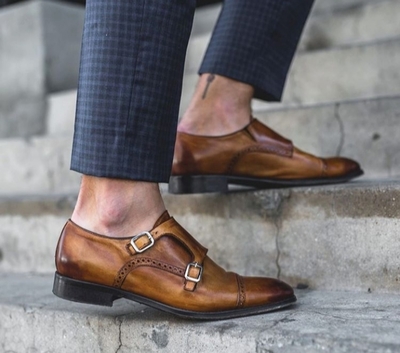 Handmade Cognac Double Monk Leather Dress Shoes, Best Monk Formal Shoes