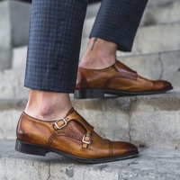 Handmade Cognac Double Monk Leather Dress Shoes, Best Monk Formal Shoes - Thumbnail 4