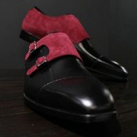 Red Black Leather Suede Double Monk Strap Decent Formal Mens Wear Shoes - Thumbnail 1