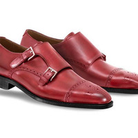 Handmade Burgundy Cap Toe Double Monk Straps Leather Shoes, Men's Formal Shoes - Thumbnail 1