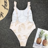 Leaf Print Sexy Backless Ruffled One-Piece Swimsuit - Thumbnail 3