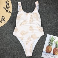 Leaf Print Sexy Backless Ruffled One-Piece Swimsuit - Thumbnail 2