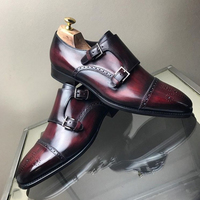 Handmade Cognac Cap Toe Double Monk Straps Leather Shoes, Men's Formal Shoes - Thumbnail 1