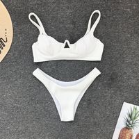 White Split Sexy Solid Color Bikini Swimsuit Set - Thumbnail 2