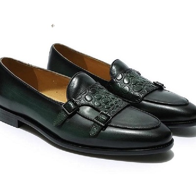 New handmade men’s crocodile texture double-monk loafers shoes black leather monk shoes monk