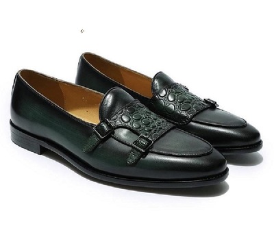New Handmade Men’s Crocodile Texture double-monk Loafers Shoes Black Leather Monk Shoes Monk
