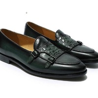 New Handmade Men’s Crocodile Texture double-monk Loafers Shoes Black Leather Monk Shoes Monk - Thumbnail 4