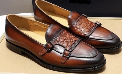 New Handmade Men’s Crocodile Texture double-monk Loafers Shoes Brown Leather Monk Shoes 