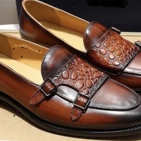 New Handmade Men’s Crocodile Texture double-monk Loafers Shoes Brown Leather Monk Shoes  - Thumbnail 4