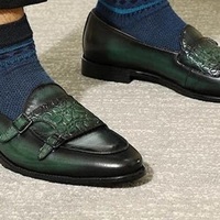 New Handmade Men’s Crocodile Texture double-monk Loafers Shoes Green Black Leather Monk Shoes  - Thumbnail 4