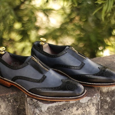 Handmade men's casual shoes, men's two tone wing tip leather zip style formal shoes - Thumbnail 1