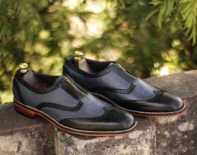 Handmade Men's Casual Shoes, Men's Two Tone Wing Tip Leather Zip Style Formal Shoes