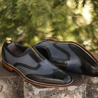 Handmade Men's Casual Shoes, Men's Two Tone Wing Tip Leather Zip Style Formal Shoes - Thumbnail 1