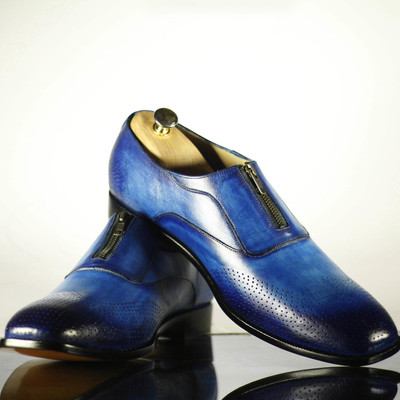 Handmade men's casual shoes, men's blue wing tip leather zip style formal shoes - Thumbnail 1
