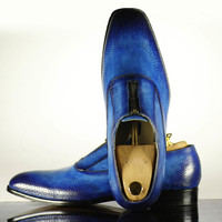 Handmade Men's Casual Shoes, Men's Blue Wing Tip Leather Zip Style Formal Shoes - Thumbnail 3