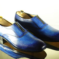 Handmade Men's Casual Shoes, Men's Blue Wing Tip Leather Zip Style Formal Shoes - Thumbnail 1