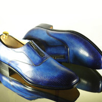Handmade Men's Casual Shoes, Men's Blue Wing Tip Leather Zip Style Formal Shoes - Thumbnail 2