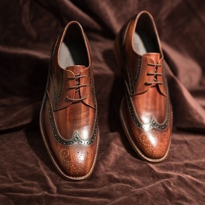 Mens wingtip dark brown leather handmade formal lace shoes