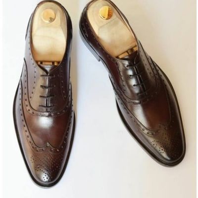 Mens wingtip dark brown leather handmade leather formal wear lace up shoes