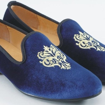 Men's navy blue velvet loafers great embroidered work handmade shoes