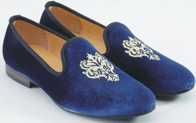 Men's Navy Blue Velvet Loafers Great Embroidered Work Handmade Shoes