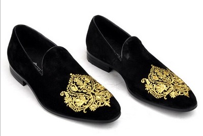 HANDMADE MEN BLACK VELVET LOAFER EMBROIDERED SLIPPERS WITH LEATHER SOLE, SHOES
