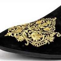 HANDMADE MEN BLACK VELVET LOAFER EMBROIDERED SLIPPERS WITH LEATHER SOLE, SHOES - Thumbnail 1