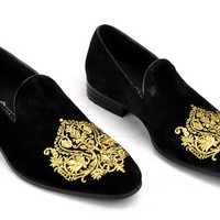 HANDMADE MEN BLACK VELVET LOAFER EMBROIDERED SLIPPERS WITH LEATHER SOLE, SHOES - Thumbnail 5