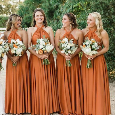 Elegant dark orange halter long bridesmaid dresses for wedding - Thumbnail 2