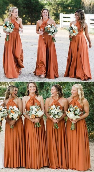 Elegant Dark Orange Halter Long Bridesmaid Dresses for Wedding