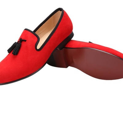 Merlutti handmade red velvet with black tassel slippers men's flat