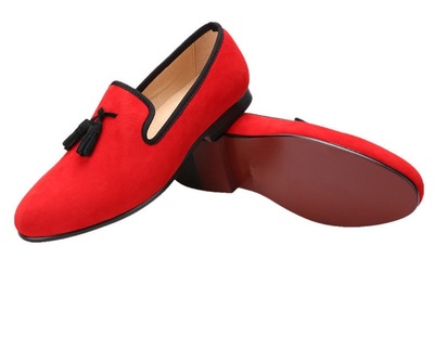 Merlutti Handmade RED Velvet With Black Tassel Slippers Men's Flat