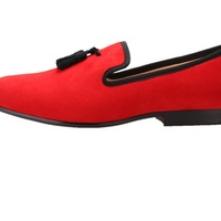 Merlutti Handmade RED Velvet With Black Tassel Slippers Men's Flat - Thumbnail 2