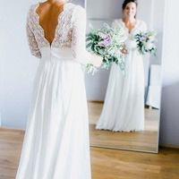 V Neck Wedding Dresses with 3/4 Sleeves - Thumbnail 1