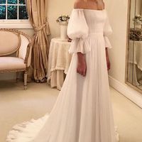 Off Shoulder Beach Wedding Dress, Chiffon Puff Sleeves Wedding Dress, Long wedding Gown Bridal Dress - Thumbnail 1