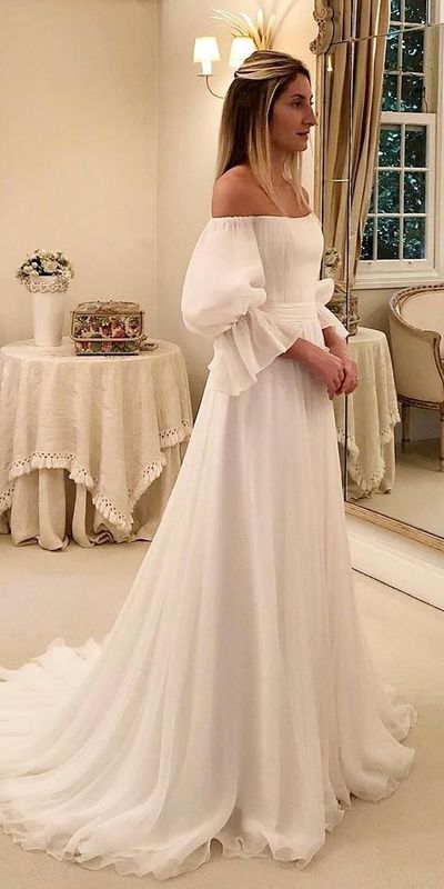 Off Shoulder Beach Wedding Dress, Chiffon Puff Sleeves Wedding Dress, Long wedding Gown Bridal Dress