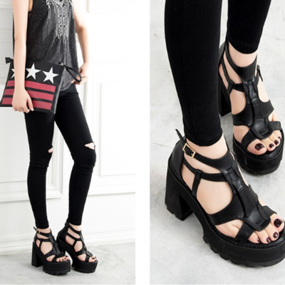 Strappy chunky heels gothic fashion sandals