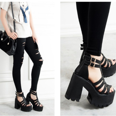 Black gothic punk high heels fashion sandals