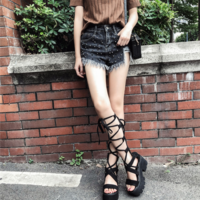 Gothic Black Lace up Platform Sandals - Thumbnail 2
