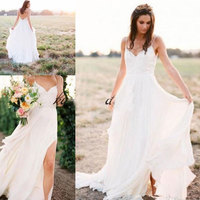 Spaghetti Straps Beach Slit Side Wedding Dresses Bridal Gown - Thumbnail 3