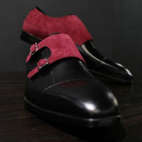 Brown Double Monk Maroon Black Captoe Fashionable Handmade Formal Shoes - Thumbnail 1