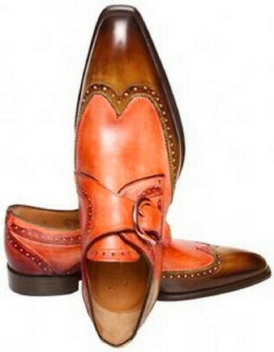 Made To Order Dual Orange Brown Single Monk Strap Premium LEATHER Wedding Shoes