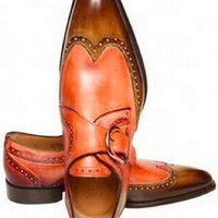 Made To Order Dual Orange Brown Single Monk Strap Premium LEATHER Wedding Shoes - Thumbnail 1