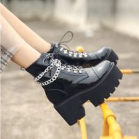 Patent Leather Gothic Chain Black Boots - Thumbnail 2